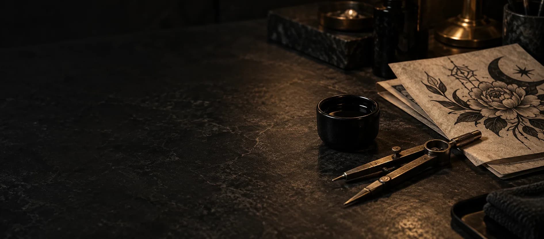 Mesa escura de estúdio com tinteiro, compasso e estudos de tatuagem