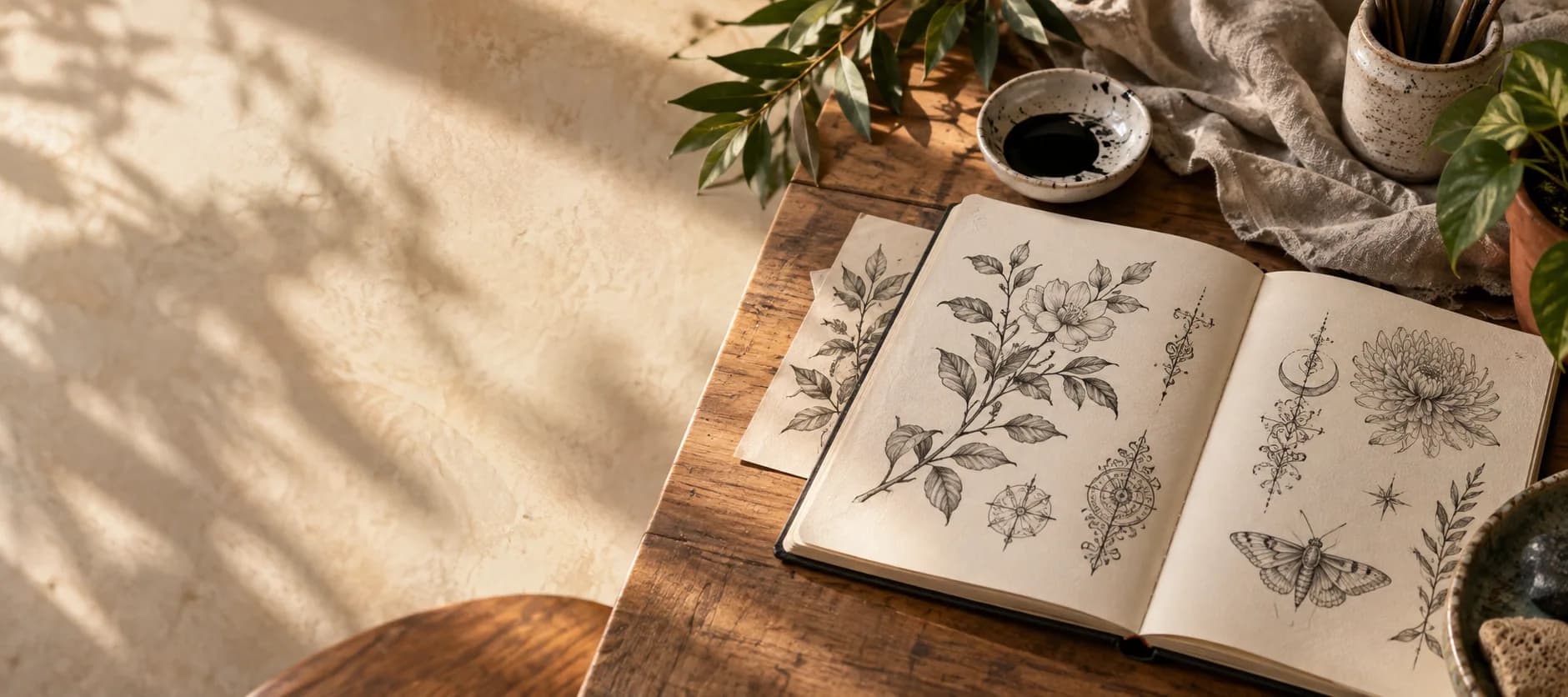 Caderno aberto com estudos botânicos sobre uma mesa de ateliê iluminada