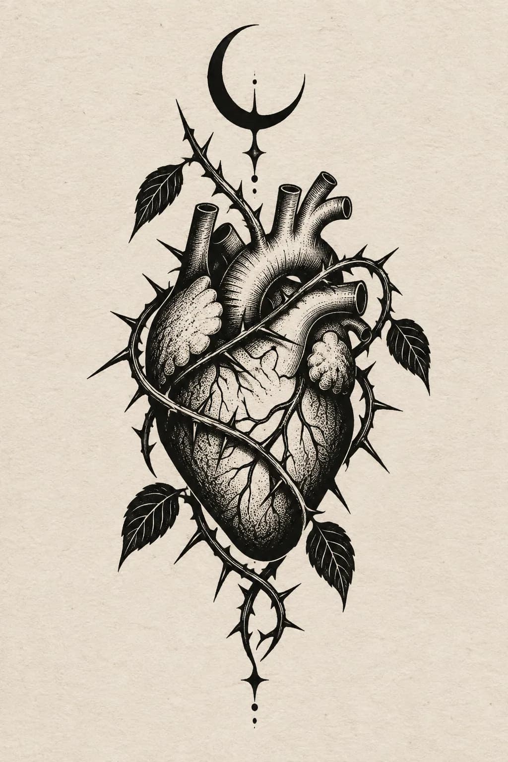 Flash blackwork com coração anatômico, espinhos e lua crescente