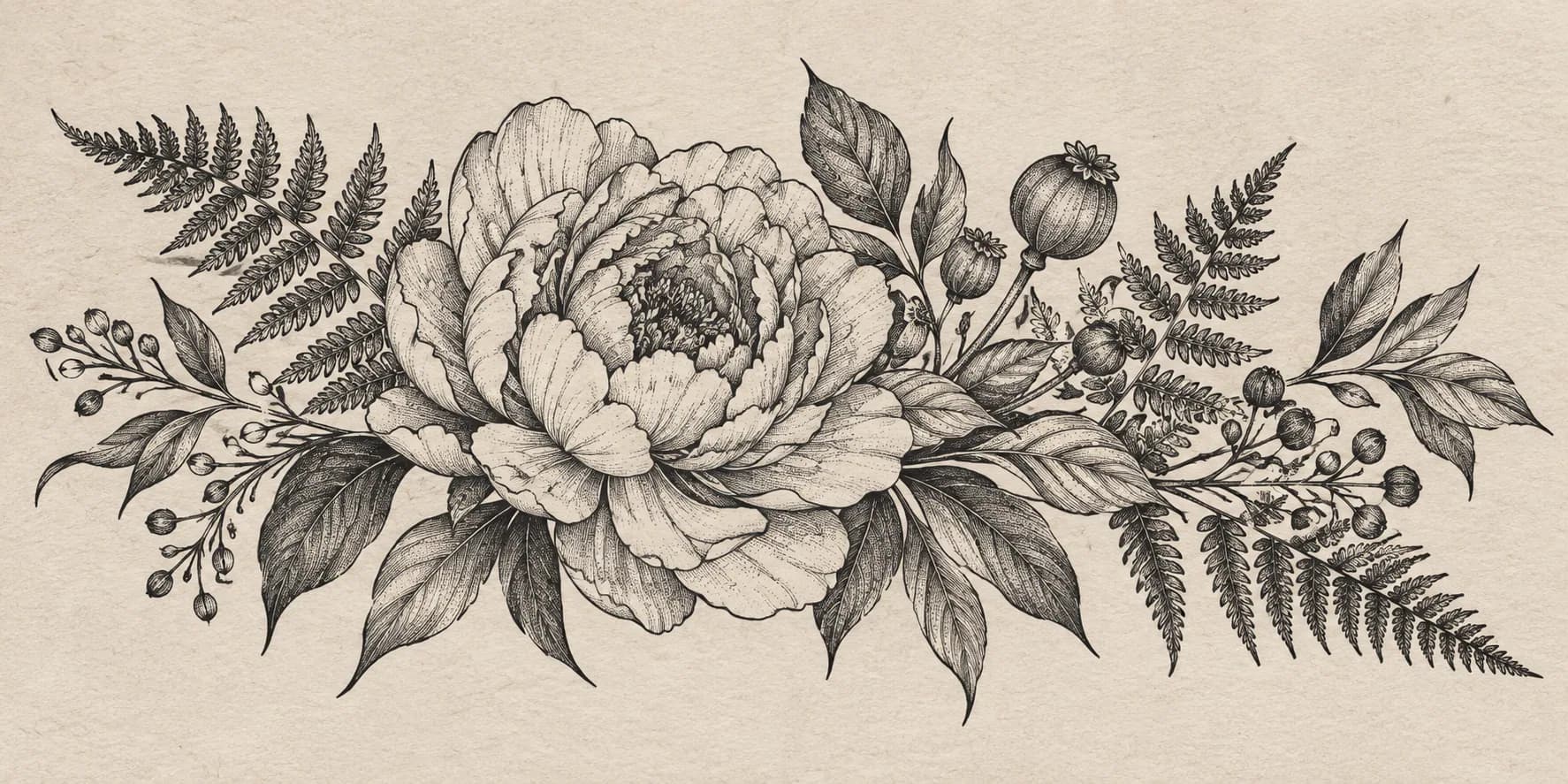 Arte botânica com rosas, folhas e formas orgânicas