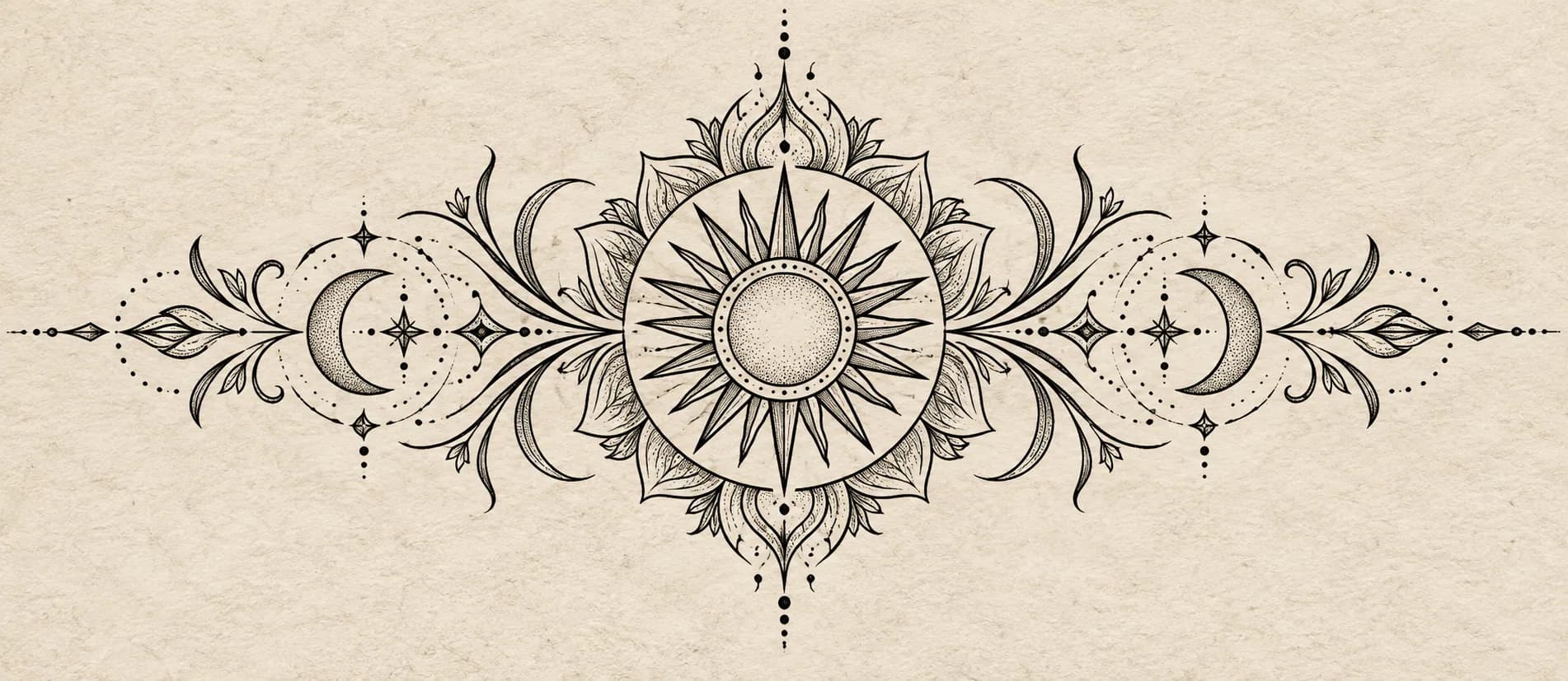 Arte ornamental simétrica com sol, folhas e filigranas